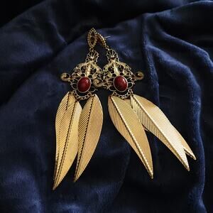 Ornate Statement Earrings Brass Feathers Etched with Blood Red Cabochon Stones
